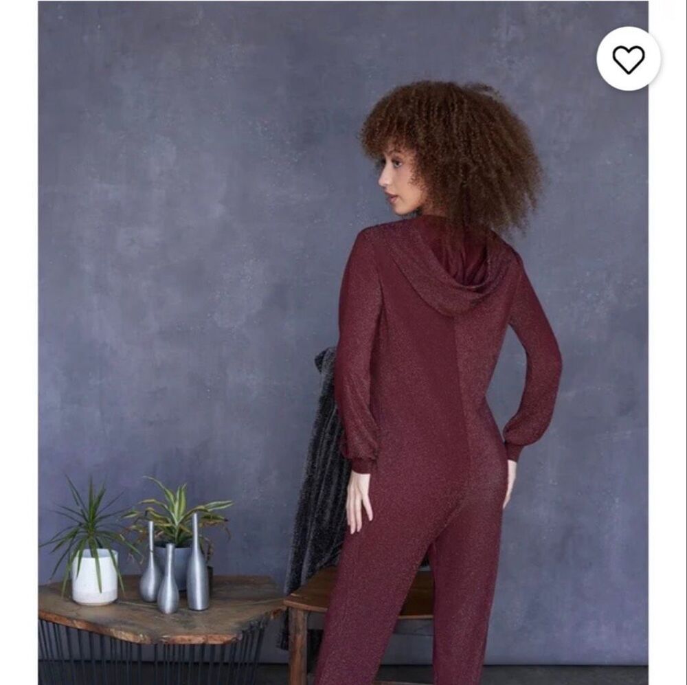 Savage X Fenty Sleep & Shine Hooded Jumpsuit In Burgundy Sparkle. View 4